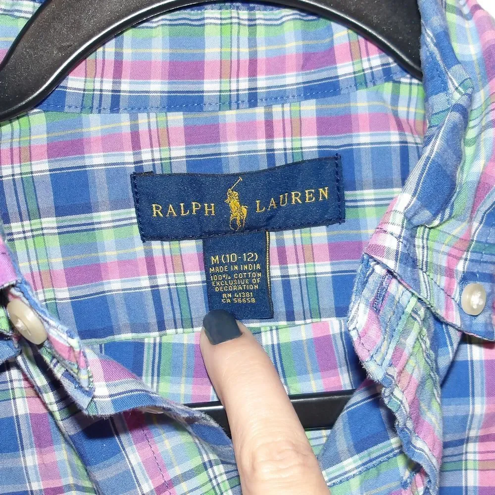Ralph Lauren Plaid Button Down Shirt Long Sleeve Cotton Blend Kids Size‎ M